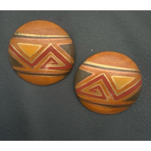Vintage Hand Painted Large Wooden Pierced Earrings Boho Tribal - Picture 1 of 4